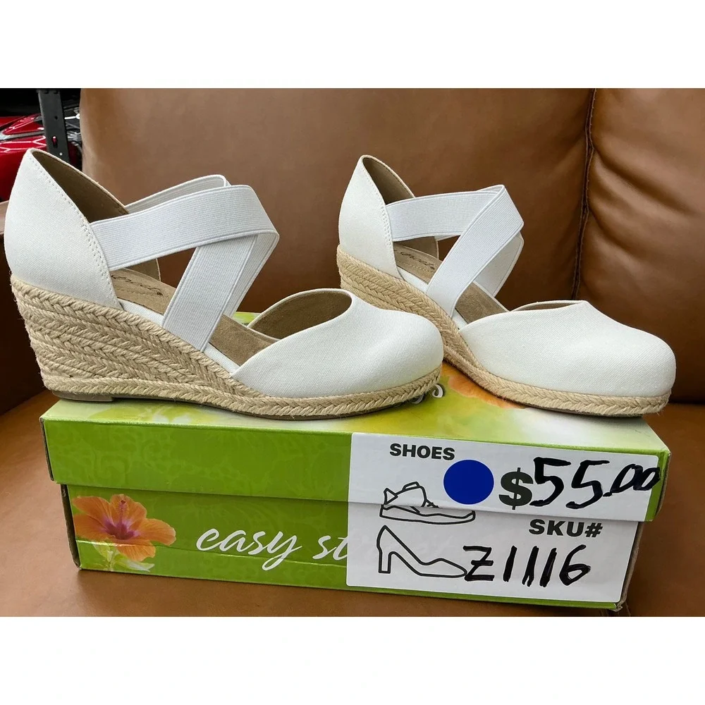 Easy Street Pari Wedge Espadrilles Women 6.5 W White Canvas Elastic